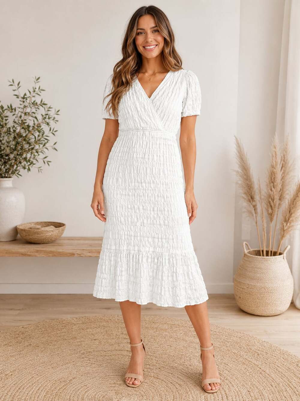 Hope Ave White Smocked Midi Dress Size S Cottagecore Textured Lined Boho